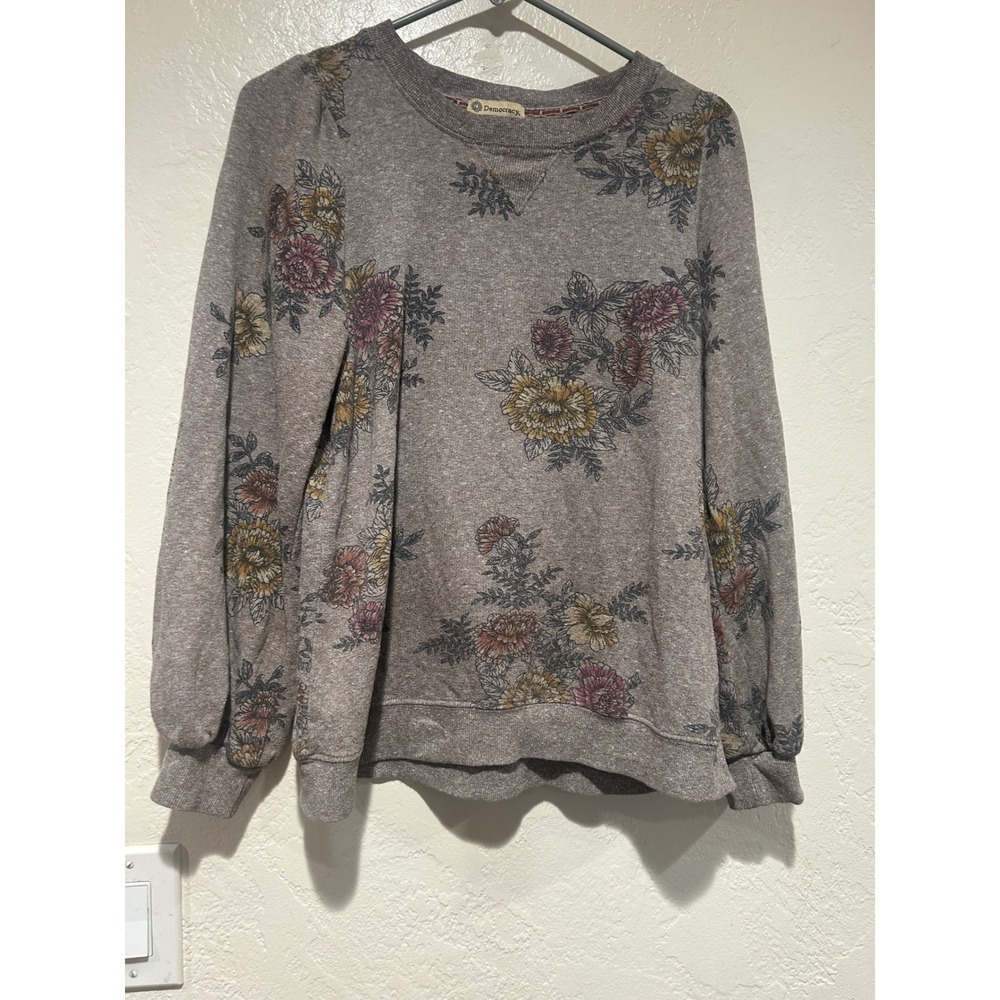 Democracy Womens Floral Puff Sleeve Sweatshirt Heather Taupe Medium